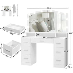 43.3" Vanity Desk with Large Lighted Mirror, 7 Drawers & 10 Lights Bulbs, 3 Lighting Colors, Vanity Table for Women Girls