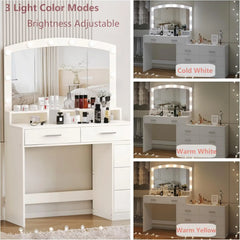 Irontar Vanity Desk with Large Mirror and 3-Color Lights, Makeup Vanity with 8 Drawers & Open Shelf, Side Cabinet