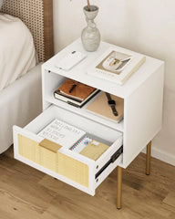 Rattan Nightstand with Charging Station, 2 Drawer Dresser for Bedroom, Small Bedside Table with 2 Drawers, Night Stand,