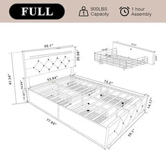 Bed Frame with 4 Drawers and LED Light, Charge Station, PU Leather Upholstered Platform Storage Bed with Adjustable Headboard