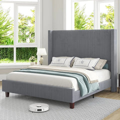 King Size 61" Corduroy Upholstered Bed Frame, Platform Beds with Vertical Stripe Wingback Headboard Bed