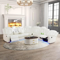 recliner，Leather Power Recliner Sectional Sofa with LED, Power Reclining Sectional Couch, Breathing Leather Sofa Couch