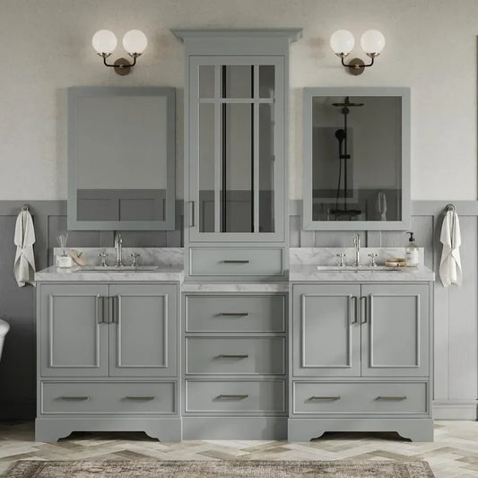 85 Inch Bathroom Double Dressing Table with 1.5-inch Edge Italian Carrara Marble Countertop and Back Panel, Mirror Cabinet Gray