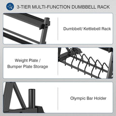 Dumbbell Rack 3-Tier Weight Plate Rack Storage Stand for Dumbbell/Kettlebell/Weight Plate and Curl Bar