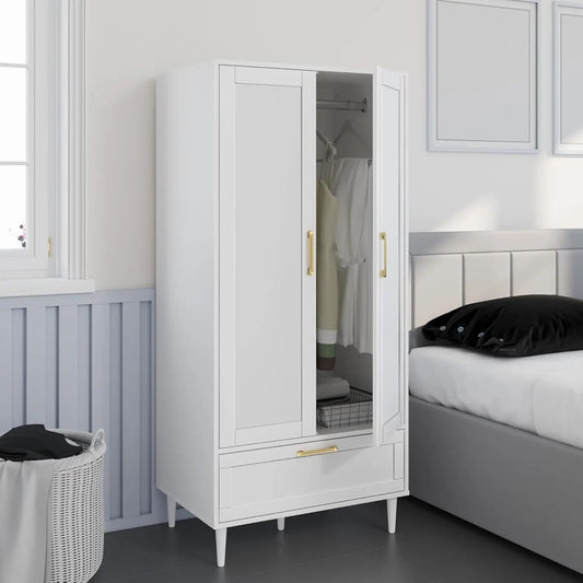 Bedroom Armoire Wardrobe Closet with Hanging Rod,60" 2 Door Almirah for Clothes with Drawers,Morden Storage Cabinet,White