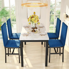 Dining Table Set for 4- Space Saving Kitchen Table and Chairs for 4, Modern Style Faux Marble Tabletop & 4 Blue Velvet Chairs