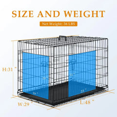 48-Inch Double Door Folding Metal Dog Crate with Divider and Leak-Proof Pan - For Medium to Large Breed Dogs