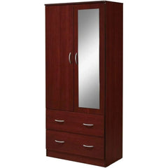 2 Door Wood Wardrobe Bedroom Closet with Clothing Rod inside Cabinet, 2 Drawers for Storage and Mirror, White