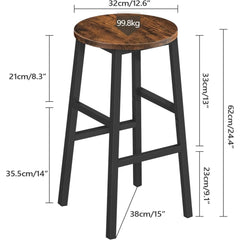 Bar Stools, Set of 2 Round Bar Chairs with Footrest, 24.4 Inch Kitchen Breakfast Stools, Industrial Bar Stools Easy Assembly