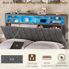 Full Size Bed Frame with Headboard & Charging Station, LED Bed Frame with 4 Storage Drawers, No Box Spring Needed, Bed Frame