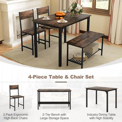 Dining Table Set for 4, Kitchen Table with Bench and Chairs, Industrial Gathering Bench Dining Set W/Metal Frame & Storage Rack