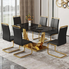 63” Dining Room Table Set for 6,Modern Gold Dining Table Set for 6, Rectangle kitchen Table Set With PU Leather Chairs,Black