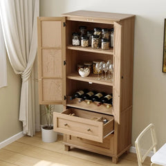 Kitchen Pantry Storage Cabinet, Tall Cabinet with Rattan Doors and 2 Drawers, Freestanding Cupboard with Adjustable Shelvesl