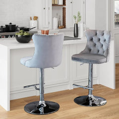 Bar Stools Set of 2,Adjustable Barstools with Back Velvet Tufted Counter Stool Modern Upholstered Bar Chairs with Nailhead