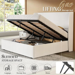 King Size Lift Up Storage Bed Upholstered Platform Bed Frame with Hydraulic Storage/Wingback Headboard/No Box Spring NeededWhite