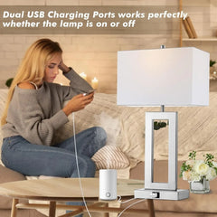 Silver Table Lamps Set of 2 with Dual USB Ports,3-Way Dimmable Touch Control Bedside Lamps,Modern Bedroom Table Lamp