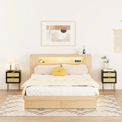 Rattan Nightstand with Charging Station, 2 Drawer Dresser for Bedroom, Small Bedside Table with 2 Drawers, Night Stand,