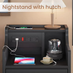 Nightstand with Charging Station,Black Night Stand for Bedroom,End Table with Hutch & Storage Drawers NEW USA