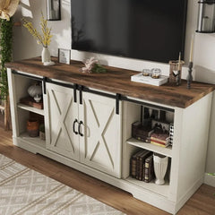 Fireplace TV Stand with Sliding Barn Door for TVs up to 73", Farmhouse 63" Fireplace Entertainment Center with Storage Cabinets