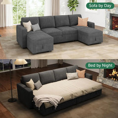 Modular Sectional Sleeper Sofa Bed, Corduroy Pull Out Couch with Storage Ottoman, U Shaped Sectional Couches for Living Room