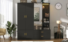 5 Doors Armoire Wardrobe Closet with Sensor Lamp and Mirror,Wooden Armoire Closet with 2 Drawers,4Hooks,2Hanging Rods,Open Space