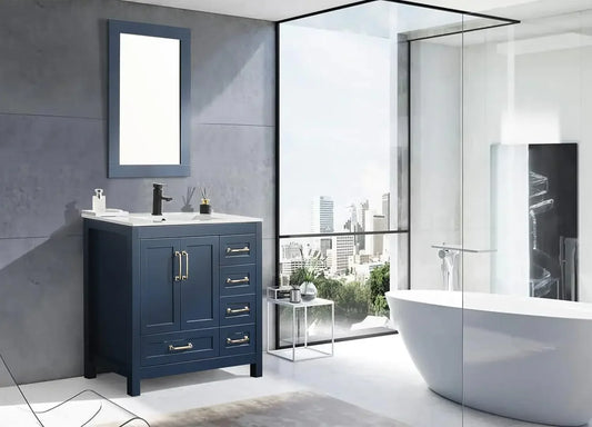 36" Bathroom Vanities Cabinet with Sink Combo Set Undermount Ceramic Sink w/Thickened Wood Matte Black Faucet Navy Blue