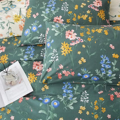 Duvet Cover Queen 100% Cotton, Green Garden Flower Pattern Bedding Duvet Cover Set Full Queen with Pillowcases Durable Zipper