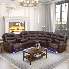 recliner，Leather Power Recliner Sectional Sofa with LED, Power Reclining Sectional Couch, Breathing Leather Sofa Couch