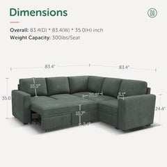 Modular Sectional Sleeper Sofa Bed, Corduroy Pull Out Couch with Storage Ottoman, U Shaped Sectional Couches for Living Room