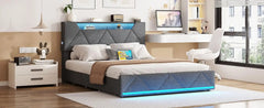 Full Size Bed Frame w Storage Headboard and 4 Drawer,Upholstered Platform w Charging Station and Led Lights,Adjustable Headboard