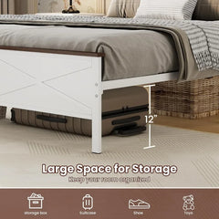 Queen Size Bed Frame with Headboard and Footboard, Under Bed Storage, Sturdy & Stable, Farmhouse Metal Platform Bed Frame