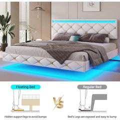 Floating Bed Frame King Size with Led Lights and USB Ports,Faux Leather Platform King Bed Frame with Headboard Easy To Assemble