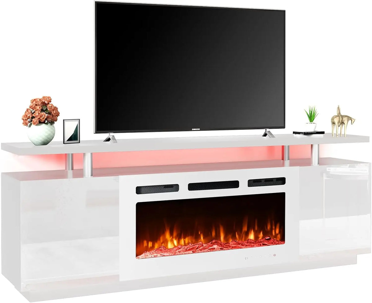 70'' Fireplace TV Stand with 36'' Electric Fireplace with 12 Flame Fireplace Insert Heater and 16 Color Led Lights,White