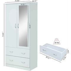 2 Door Wood Wardrobe Bedroom Closet with Clothing Rod inside Cabinet, 2 Drawers for Storage and Mirror, White