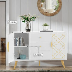 48" Sideboard Buffet Cabinet with Storage, White & Gold Floral Accent Storage Cabinet with 4 Doors, Credenza for Living Room