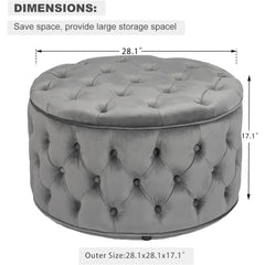 28 Inch Round Velvet Storage Ottoman Foot Stool Tufted Footrest Stool Coffee Table for Living Room (Grey) Freight Free