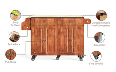 Kitchen Island with Drop Leaf and Storage, on Wheels Two Drawers, Large Storage Cabinet, Towel Rack Spice Cart Brown