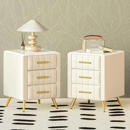 Nightstand with Drawers Set of 2, Upholstered Wood Bedside End Table with Marbling Top, 2 Pack, Beige and Beige