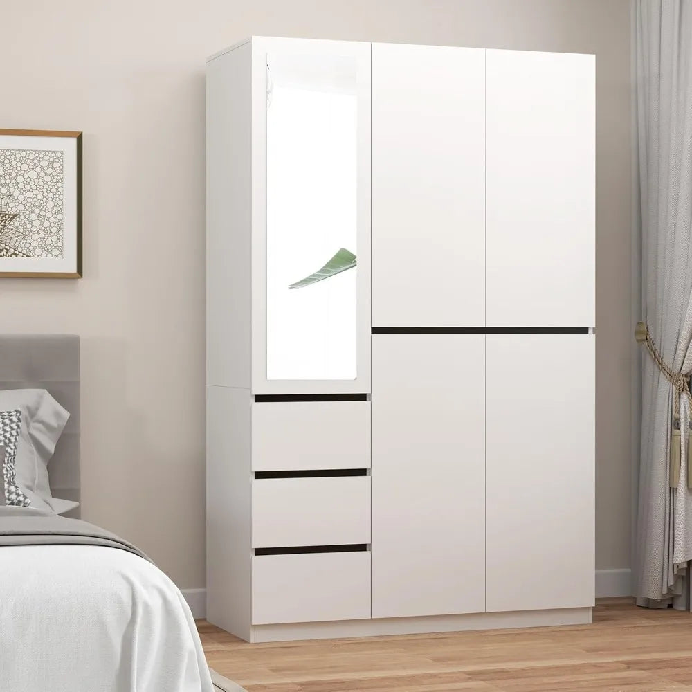 3 Door Armoire Wardrobe Closet, Wardrobe Closet with 3 Drawers, Freestanding Wardrobes with 3 Hanging Rod and a Mirror for Bedro