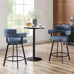 Counter Height Bar Stools with Full Back – Swivel Counter Stools Set of 2 with Linen Padded Back, Metal Footrest,Blue 24 inch