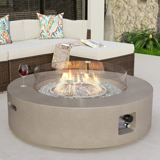 Outdoor Propane Fire Pit Coffee Table w Gray 40.5-inch Round Base Patio Heater, 50,000 BTU Stainless Steel Burner, Wind Guard