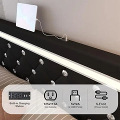 Bed Frame with 4 Drawers and LED Light, Charge Station, PU Leather Upholstered Platform Storage Bed with Adjustable Headboard