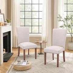 Dining Chairs Set of 4, Upholstered Nailhead Dining Room Kitchen Side Chair with Thick Cushions and Wood Legs, Beige