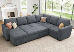 Modular Sectional Sleeper Sofa Bed, Corduroy Pull Out Couch with Storage Ottoman, U Shaped Sectional Couches for Living Room