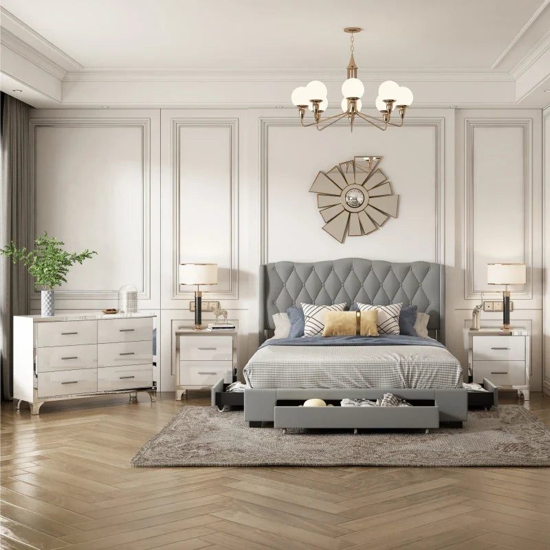 4-Pieces Bedroom Sets Queen Size Upholstered Bed with Three Drawers,Mirrored Nightstands and Dresser with handles and Legs