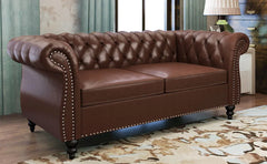 3 piece living room set, cheongsam leather sofa loveseat couch chair with scroll arms and nailhead for living room office (Sudar