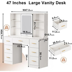 47'' Large Vanity Desk with Mirror and Lights, 7 Drawers, 8 Storage Shelves,  3 LED Lighting Modes, Vanity Dresser with Outlet