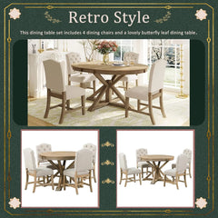 Retro Style 5-Piece Round Dining Table Set for 4, Extendable Table with 4 Upholstered Chairs for Dining Room,Living Room