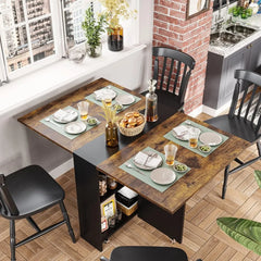 Folding Dining Table, Drop Leaf Dining Table with Wheels and Layer Storage Shelf, Space Saving Dining Table for Small Spaces