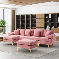 U-Shaped Sectional Sofa Couch, 4 Seat Sofa Set for Living Room, Convertible L-Shaped Velvet Couch Set with Chaise Lounge